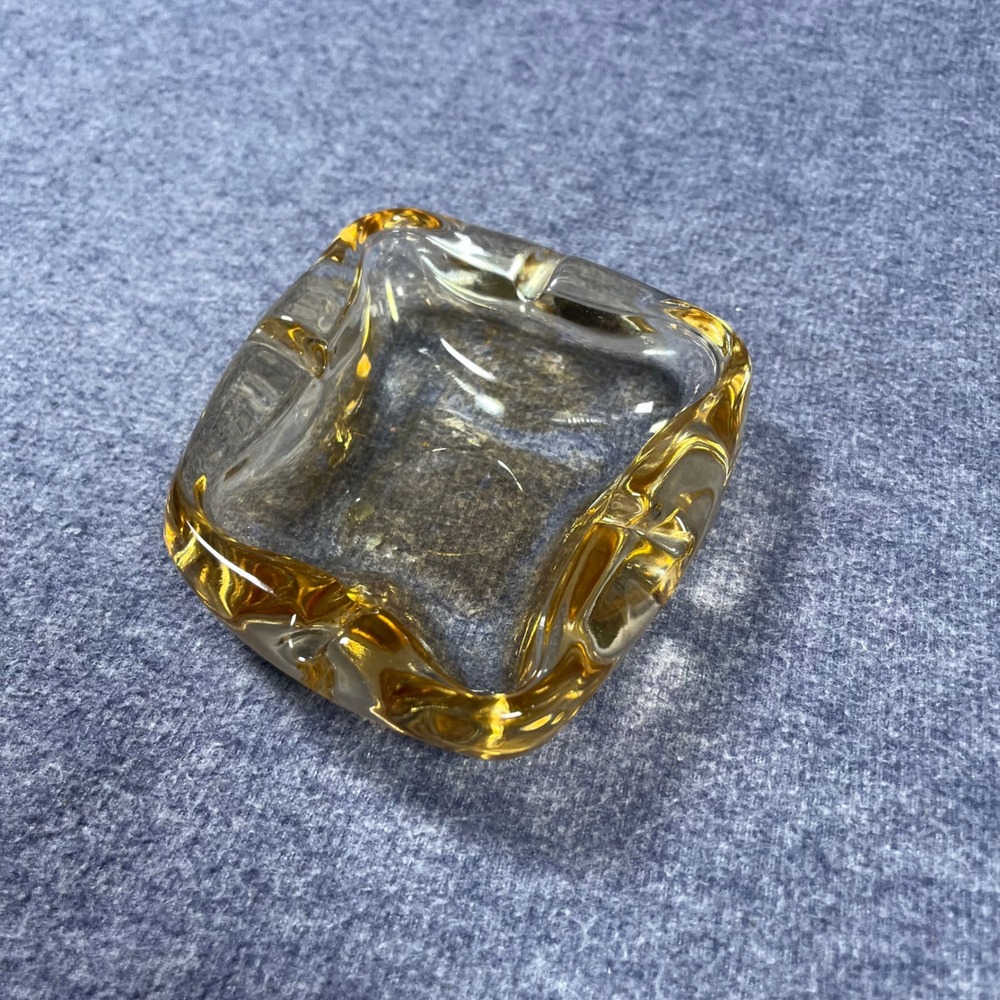 Vintage Amber Sommerso Art Glass Ashtray Mid Century Modern Square Heavy Glass